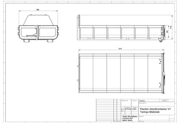 Flacher Abrollcontainer Bausatz mit Flügeltüren V1 für Leimbach Schlitten im Tamiya Maßstab